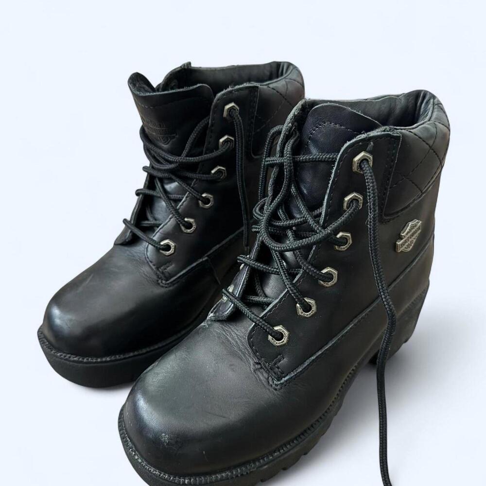 Harley-Davidson Black Quilted Collar Lace-Up Platform Ankle Boots